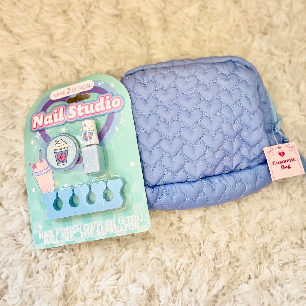 Mine 2 Design Nail Studio Set & Blue Heart Quilted Puffer Cosmetic Bag NWT